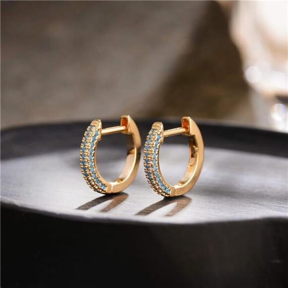 Gold Huggie Hoop Earrings Dainty Chunky Thick Hoop Diamond Cubic Zirconia - Picture 5 of 7